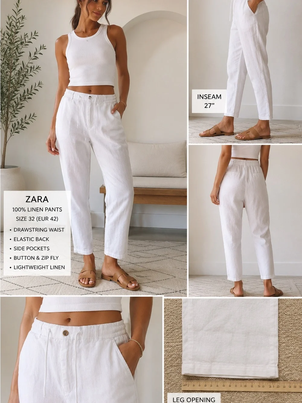 Zara White Linen Drawstring Pants